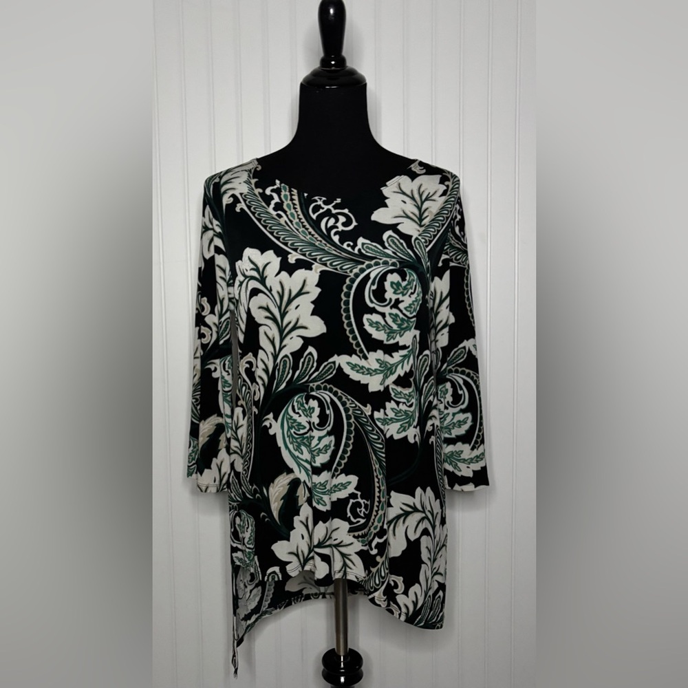 Chicos 1 Travelers Tunic Top Medium Black Leaf Slinky Asymmetrical Whimsigoth